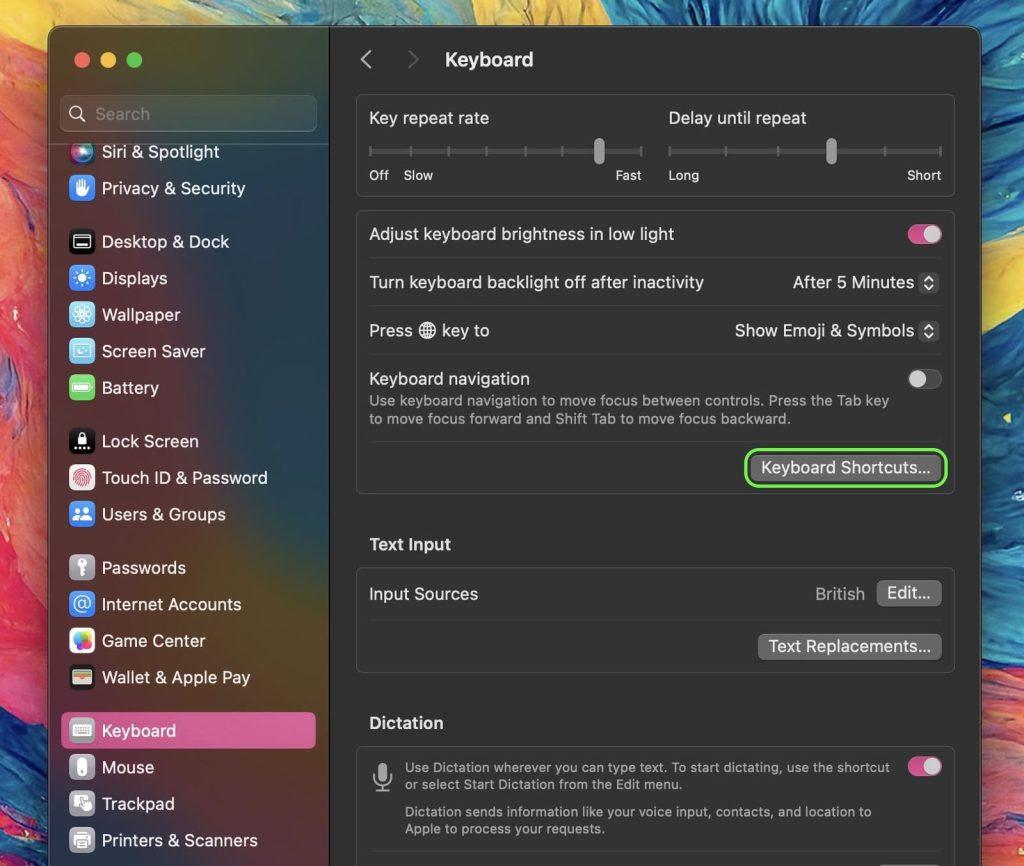settings keyboard shortcuts
