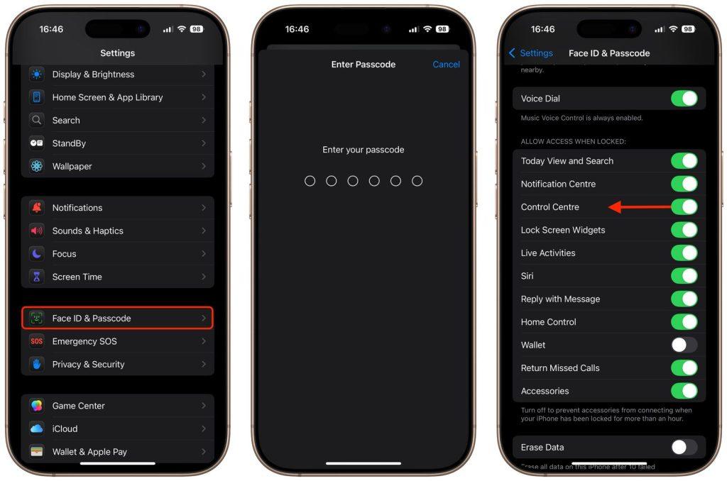 settings control center lock screen