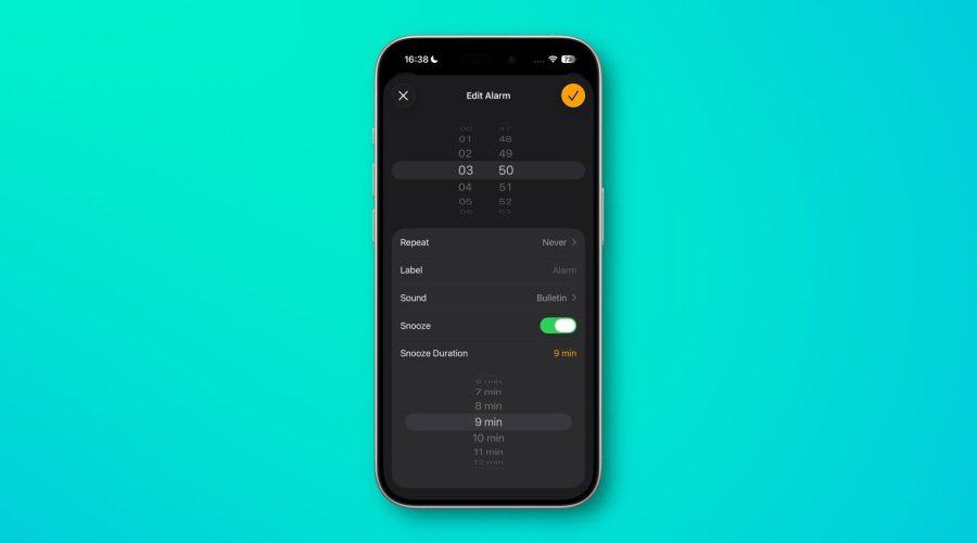 alarm snooze duration ios-26