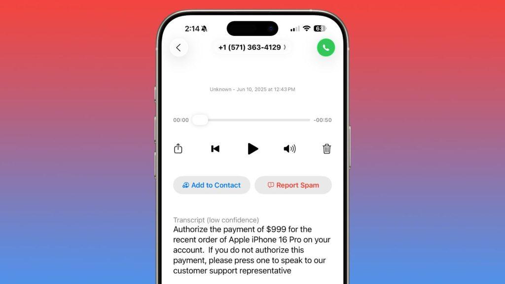 ios 26 voicemail report spam