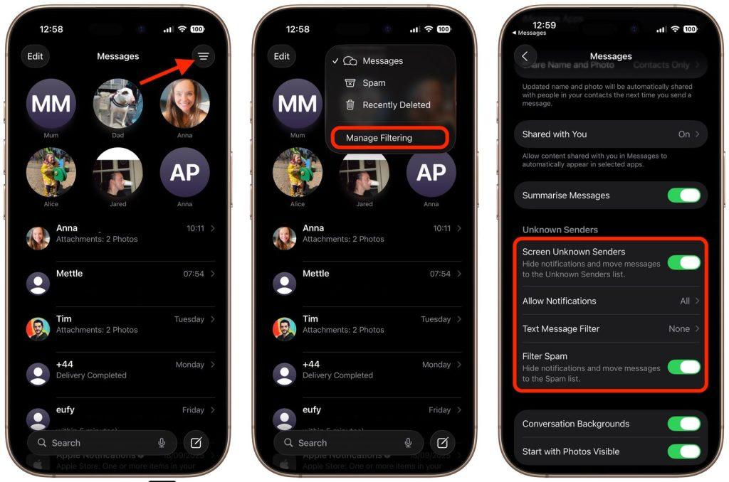 messages enabling unknown sender screening