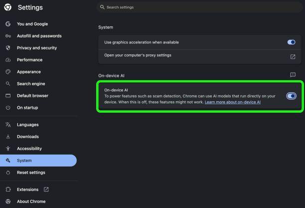 chrome on device ai 4gb file toggle